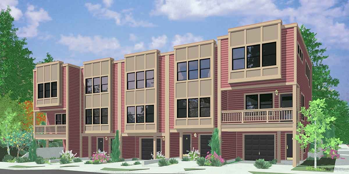Modern townhouse design, three stories, with multi-panel windows, second-floor balcony, and attached garages.