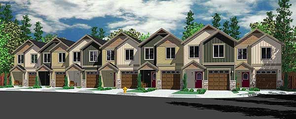 Townhouse house plan exterior showing two stories, varied siding, front-facing garages, and prominent gables.