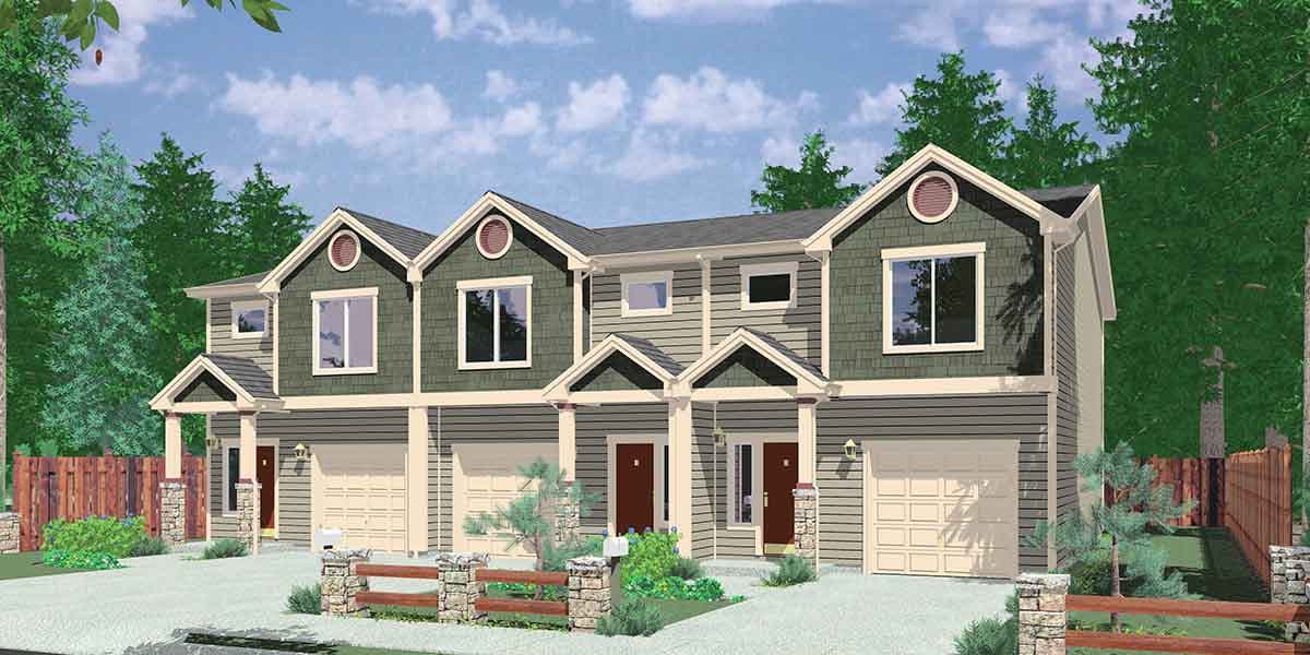 Two-story duplex house plan exterior with multiple gables, covered entryways, and attached garages.