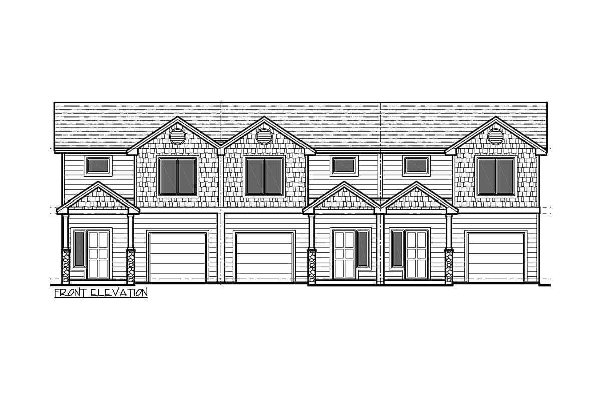 Front elevation drawing of a two-story townhome complex with multiple gables, garages, and entryways.