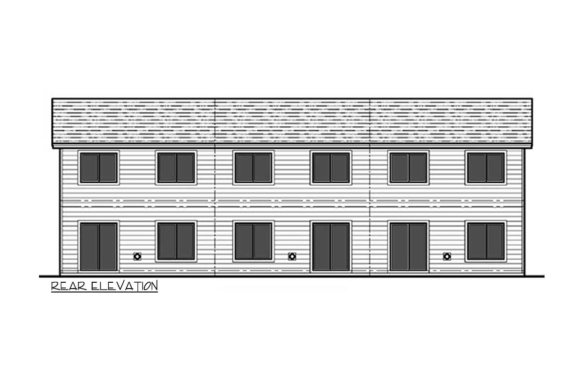 Rear elevation drawing of a two-story house plan with horizontal siding, numerous windows, and multiple glass doors.