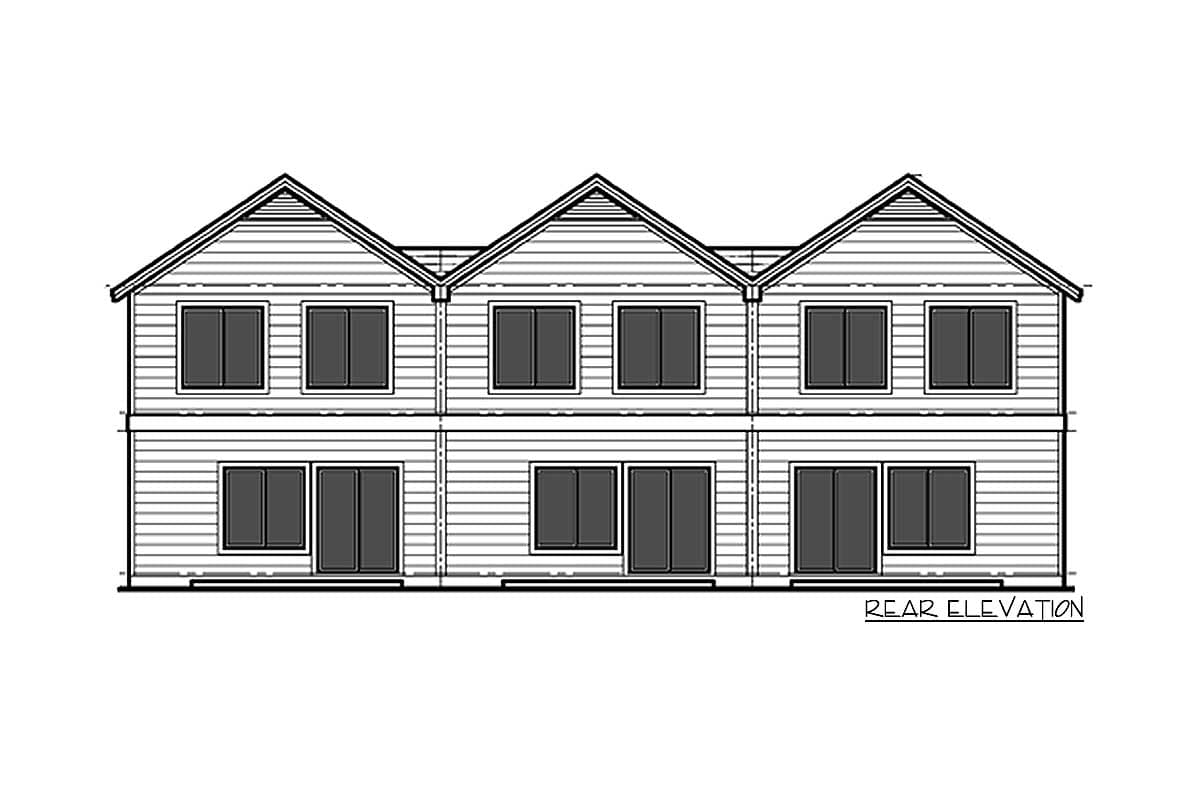 Rear elevation drawing of a two-story house plan with three gabled sections and multiple windows on each level.