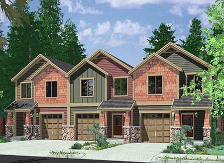 House plan exterior: two-story dwelling with stone bases, shingled gables, and side-facing garages.