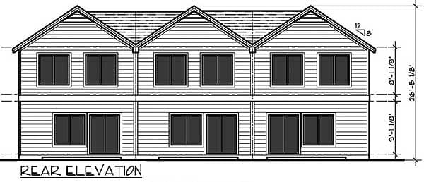 Rear elevation drawing of a two-story townhouse with triple gabled rooflines and multiple windows.
