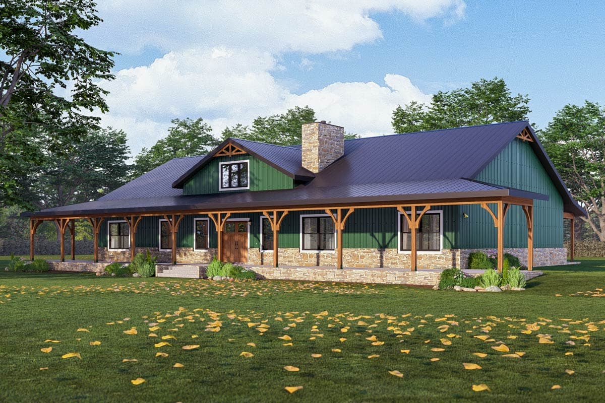 House plan exterior. Ranch style with a stone facade, gabled roof, and full-length covered porch supported by wooden beams.