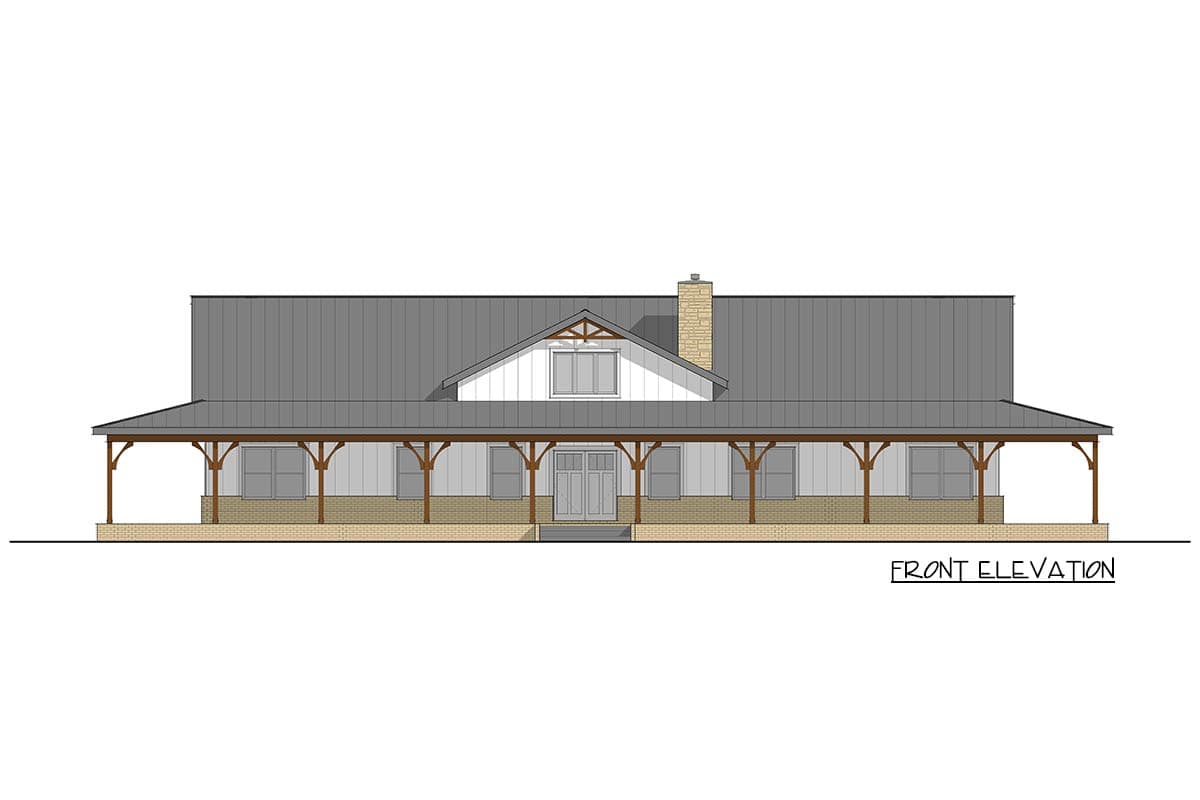 Front elevation drawing of a single-story house with a metal roof, wraparound porch supported by wooden posts, and a prominent gable dormer.