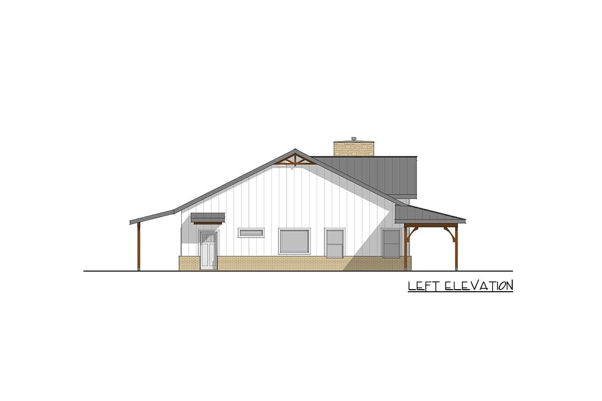 Left elevation drawing of a single-story house plan with board and batten siding, metal roof, brick base, and covered porch.