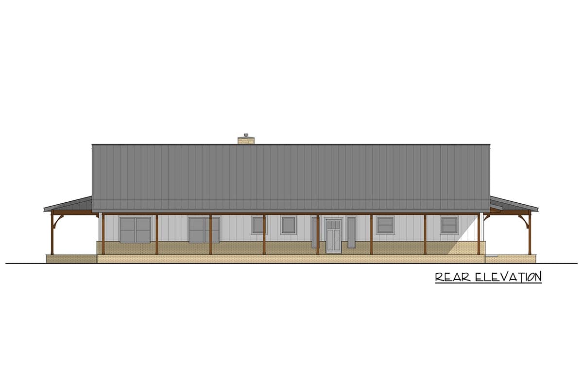 Rear elevation drawing of a one-story house with a metal roof, a full-length covered porch, and a brick base.