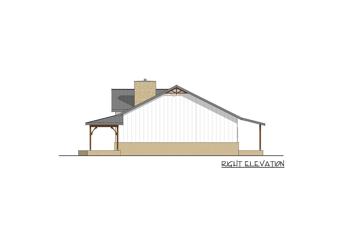 Right elevation drawing of a house plan featuring a gabled roof, stone chimney, and covered porch.
