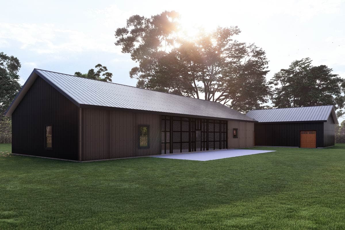 Modern house plan exterior with metal roof, dark siding, glass walls, and attached garage. Single story.