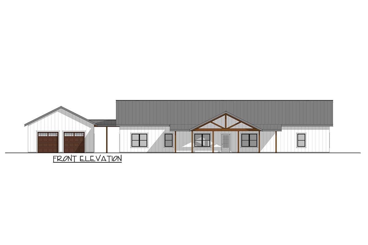 Front elevation of a one-story house plan with a metal roof, two-car garage, and a covered porch with exposed beams.