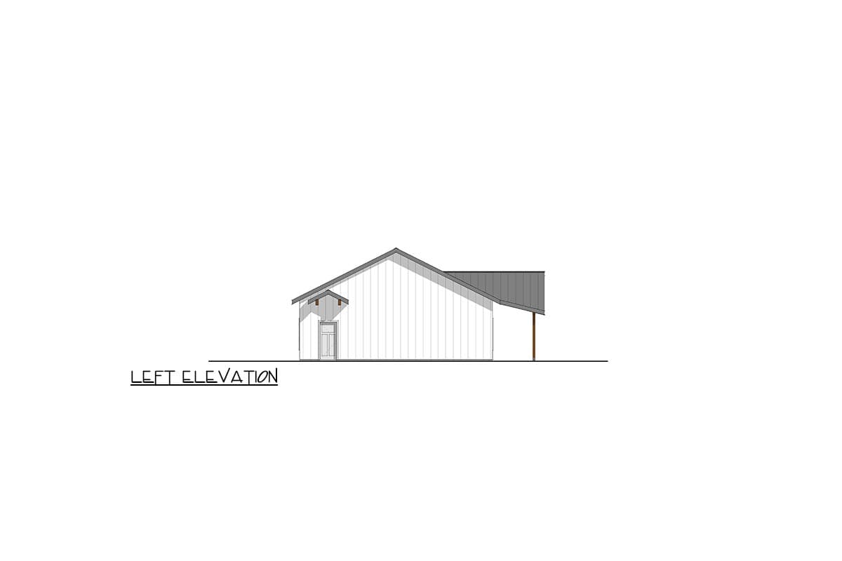 Left elevation drawing of a single-story house with a gable roof, vertical siding, and covered porch.