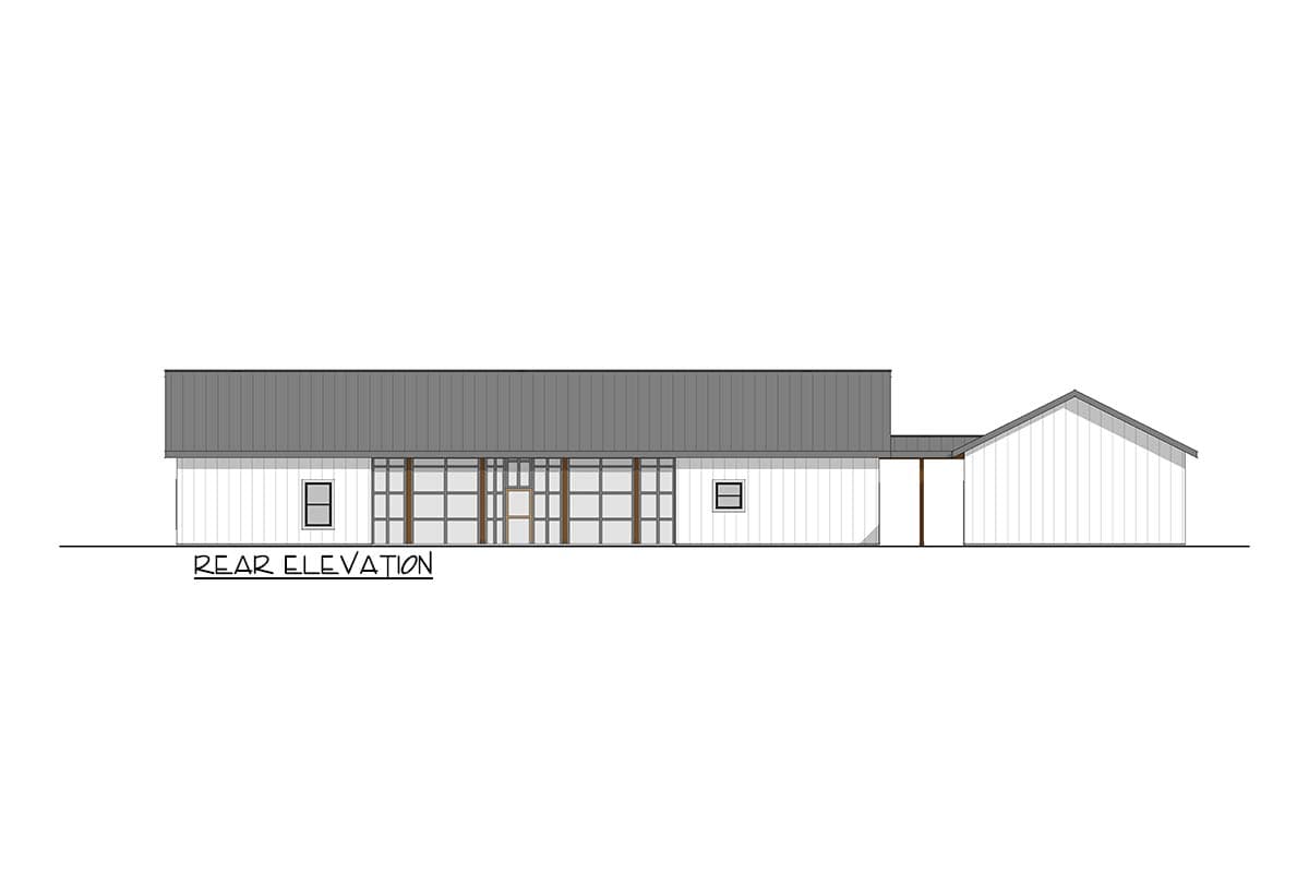 Rear elevation drawing of a single-story house plan with a metal roof, large windows, and a covered entryway.