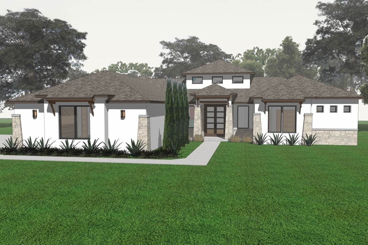 Modern ranch house plan exterior with stone accents, multiple gables, and a covered entry.