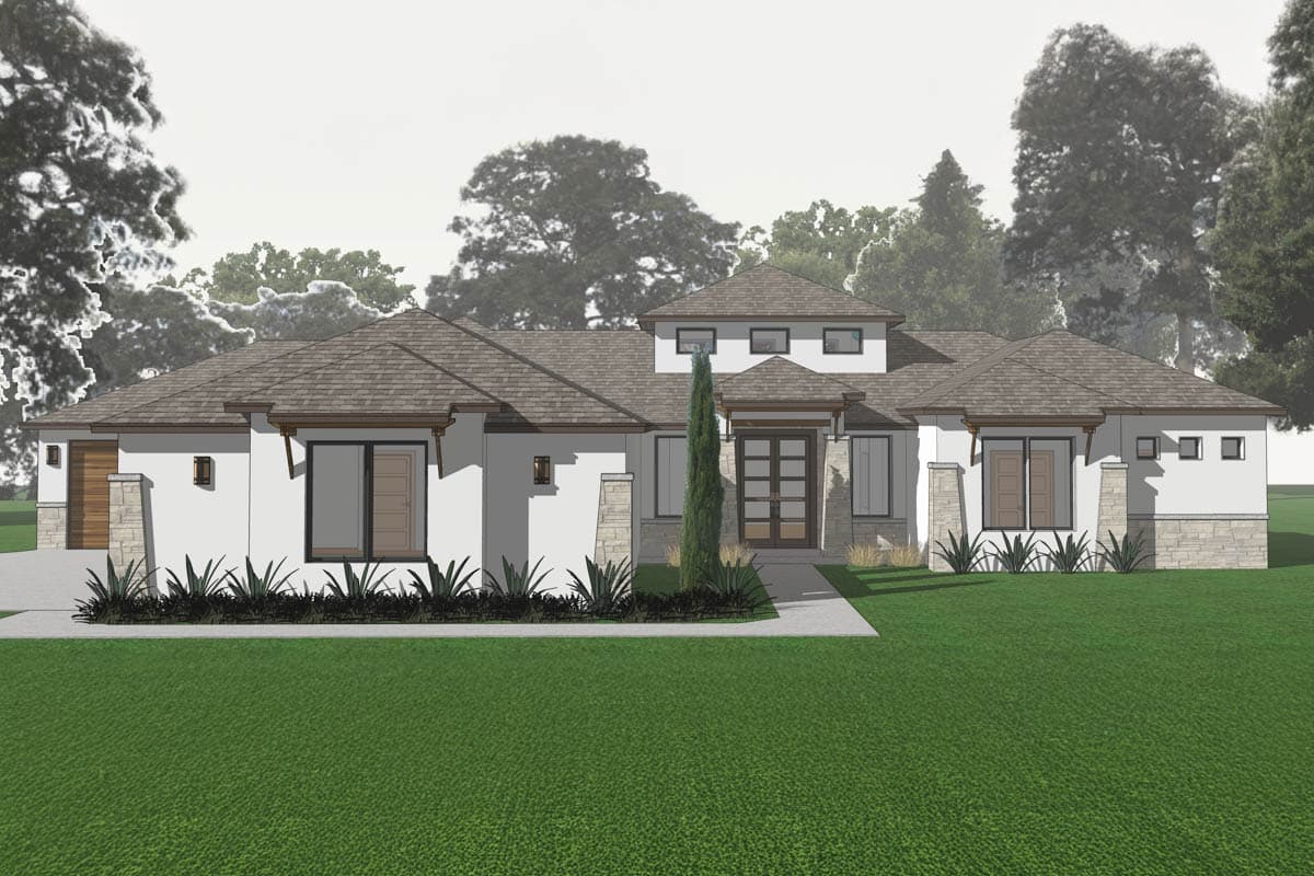 House plan exterior. One-story modern home with a flat roof, stone accents, and a covered entry with a glass door.