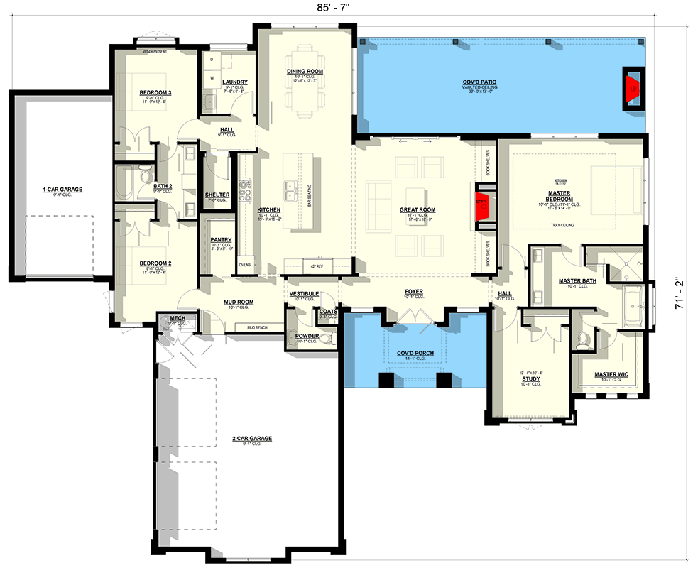 Plan 405061FDC: Contemporary 4 Bed House Plan with 3-Car Garage and Two-Story Great Room - Floor Plan - Main Level - Contemporary, Mediterranean, Prairie, Transitional