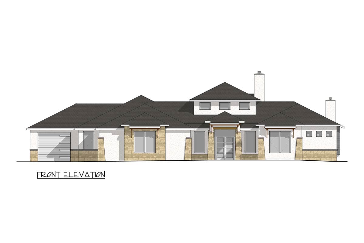 Front elevation drawing of a single-story house plan with a hip roof, attached garage, stone accents, and two chimneys.