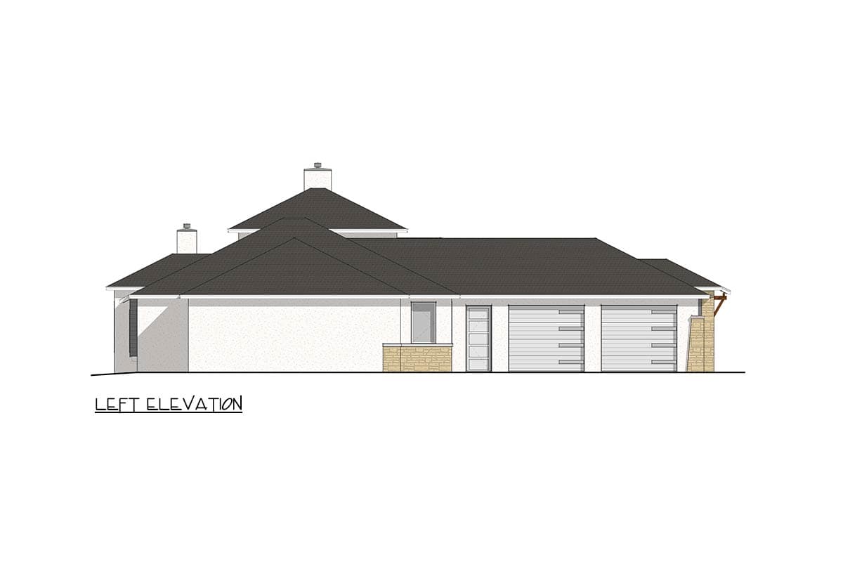 Left elevation of a single-story house plan with a hip roof, three-car garage, and two chimneys.
