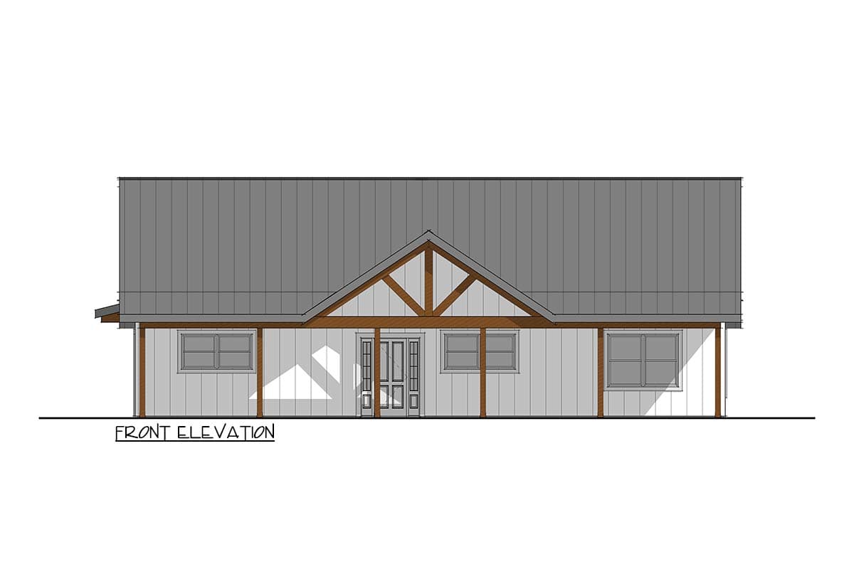 Front elevation drawing of a house plan with a gabled roof, exposed beams, and a central double door entrance.