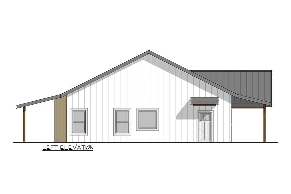 Left elevation house plan showing a single-story structure with board and batten siding, three windows, a covered entry, and an attached porch.