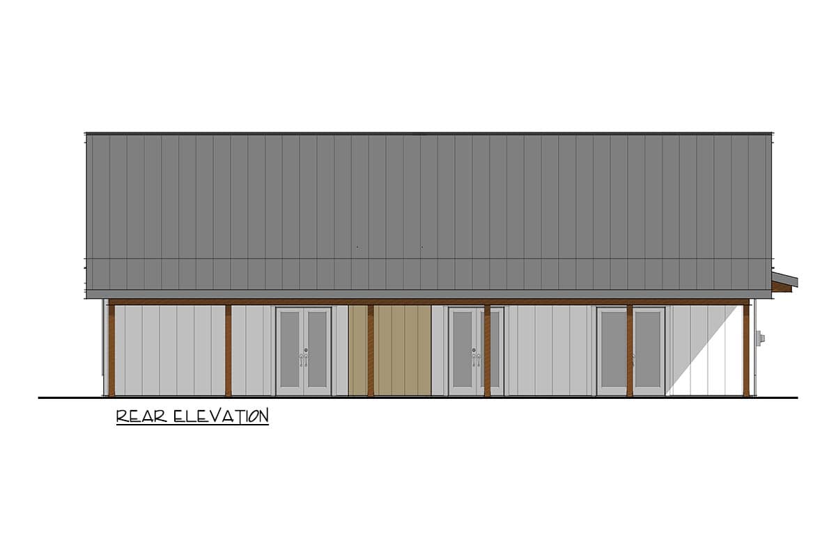 Rear elevation of a house plan showing a standing seam metal roof, horizontal siding, and multiple glass doors.