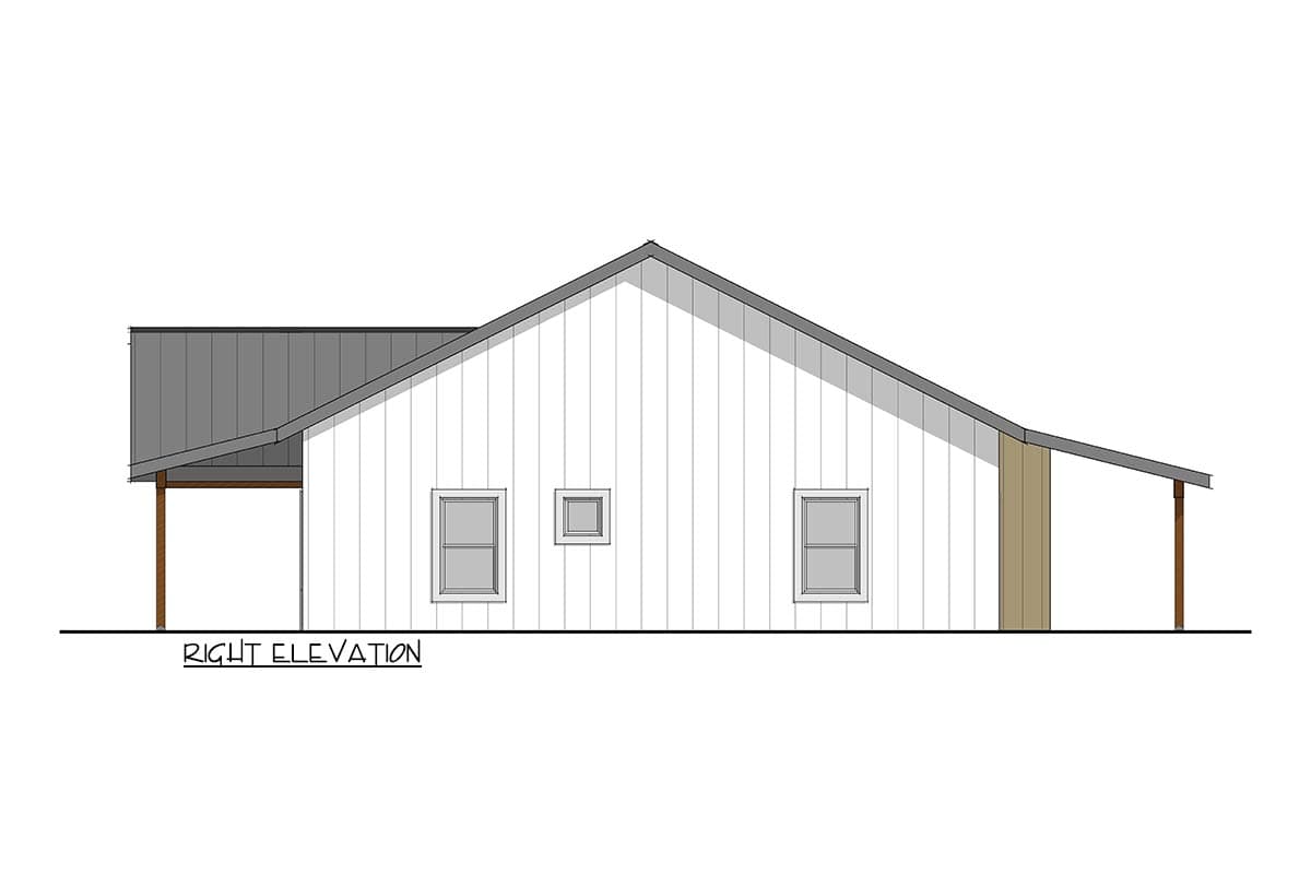 Right elevation house plan featuring vertical siding, a shed roof, and two covered porches.