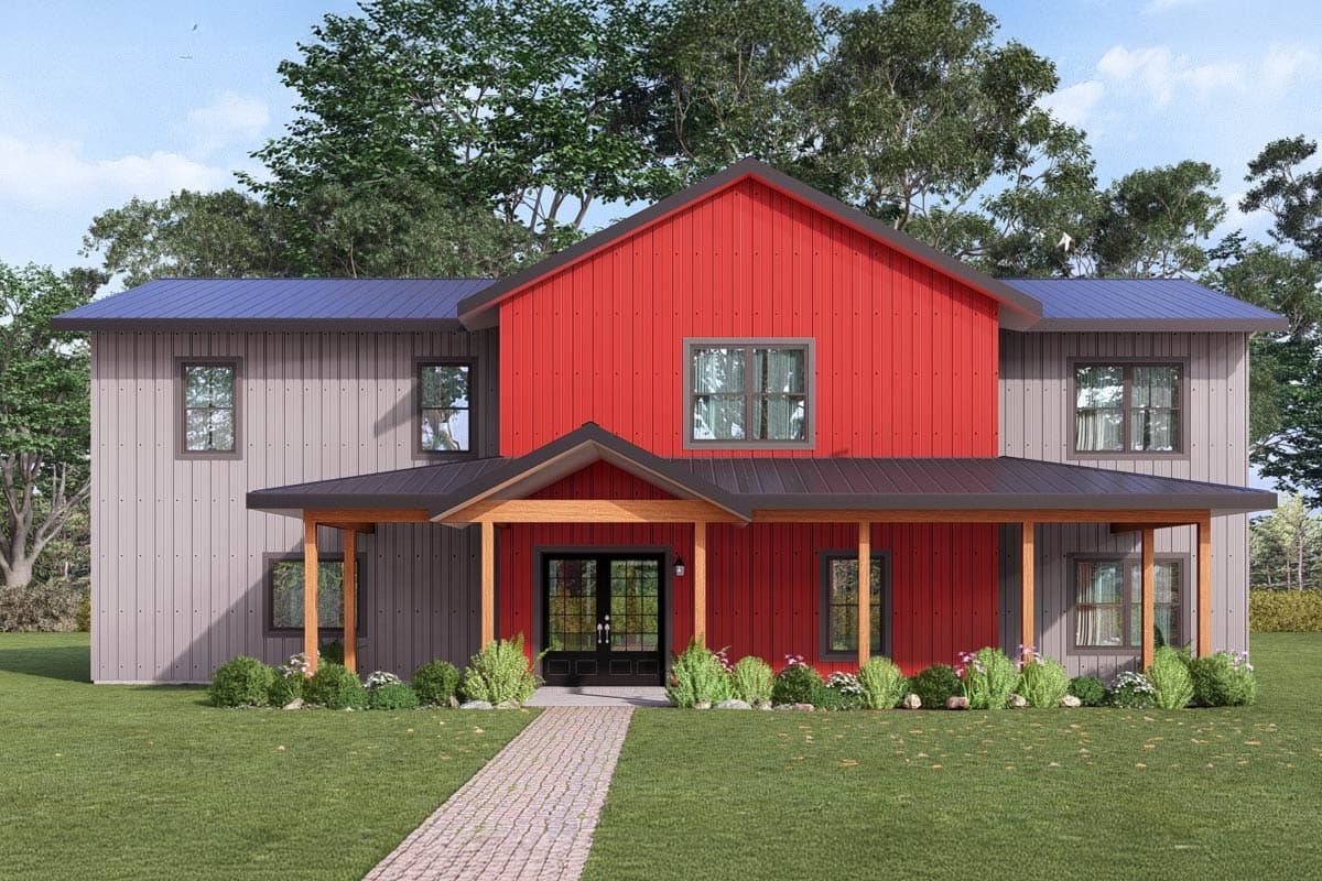 House plan exterior. Two-story, with metal roofing and siding, a covered porch, and a gable roof with a contrasting color section.