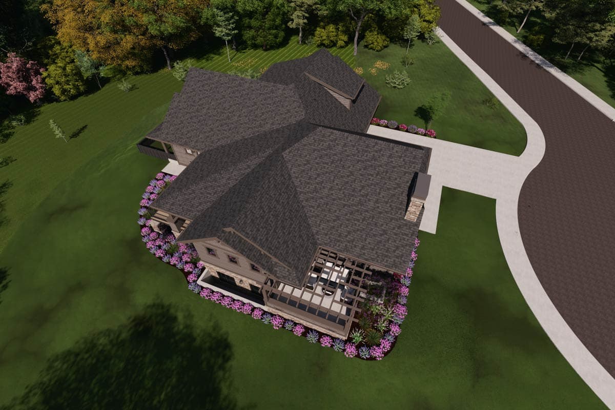 House plan exterior rendering of a multi-story home with a complex roofline, stone chimney, and covered porch.