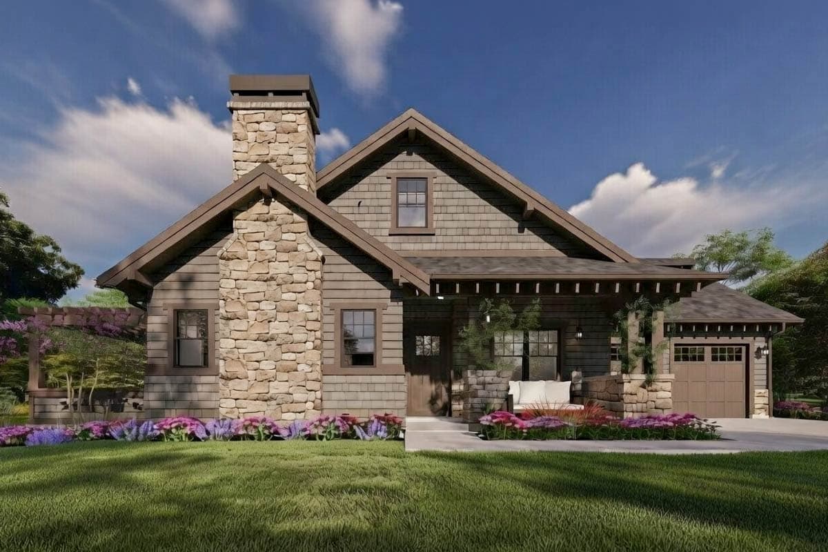 Craftsman house plan exterior with stone chimney, gabled roof, deep eaves, covered porch, and attached garage.