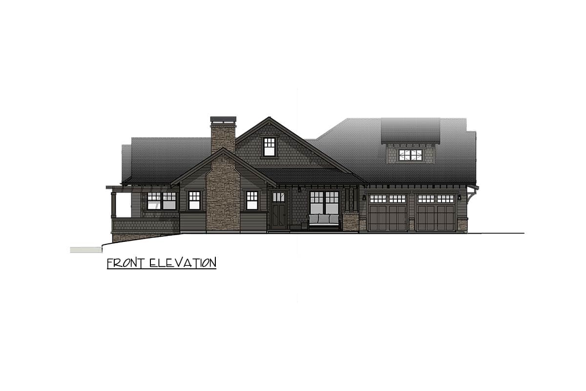 Front elevation of a Craftsman-style house plan featuring a stone chimney, covered porch, gables, and a three-car garage.