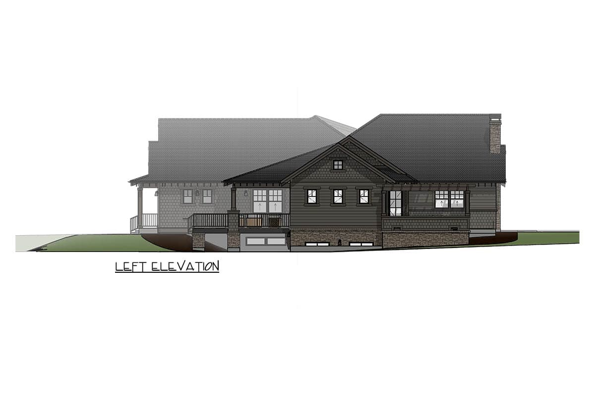 Left elevation drawing of a two-story house with a covered porch, stone foundation, gables, and varied siding.