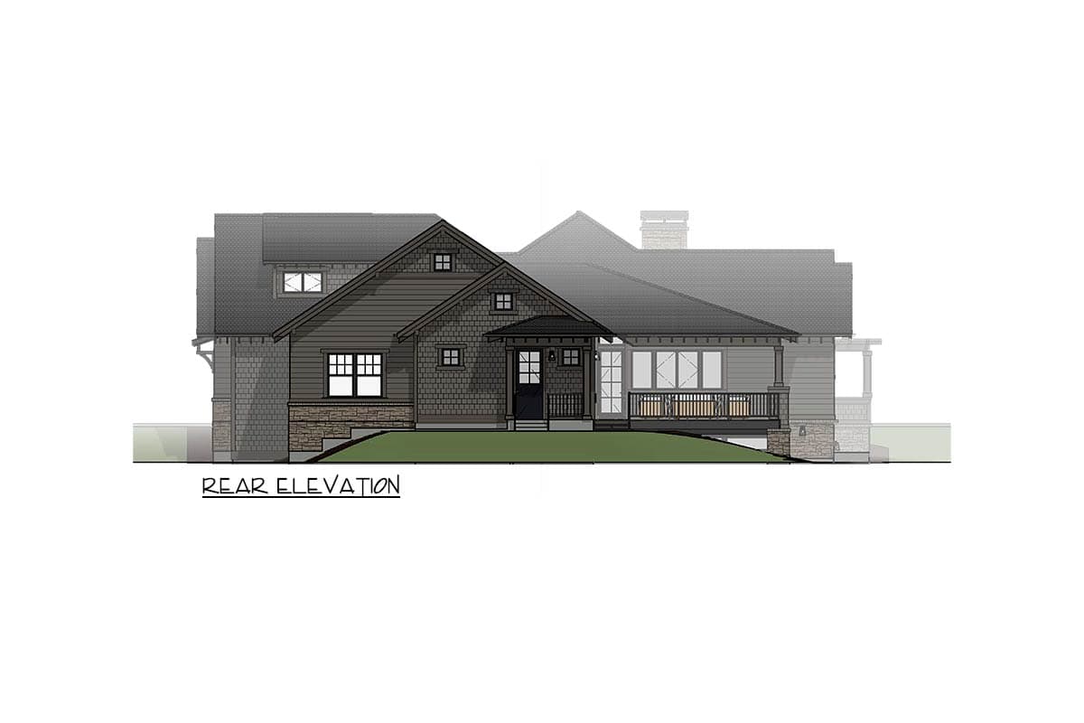 Rear elevation drawing of a two-story house plan with gables, dormers, a covered porch, and a wraparound deck.
