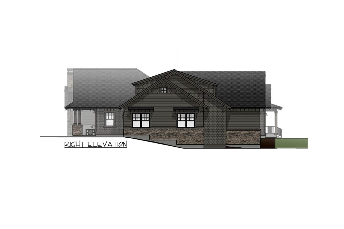 Right elevation house plan showing a two-story Modern Farmhouse with gabled roof, stone foundation, and covered front porch.