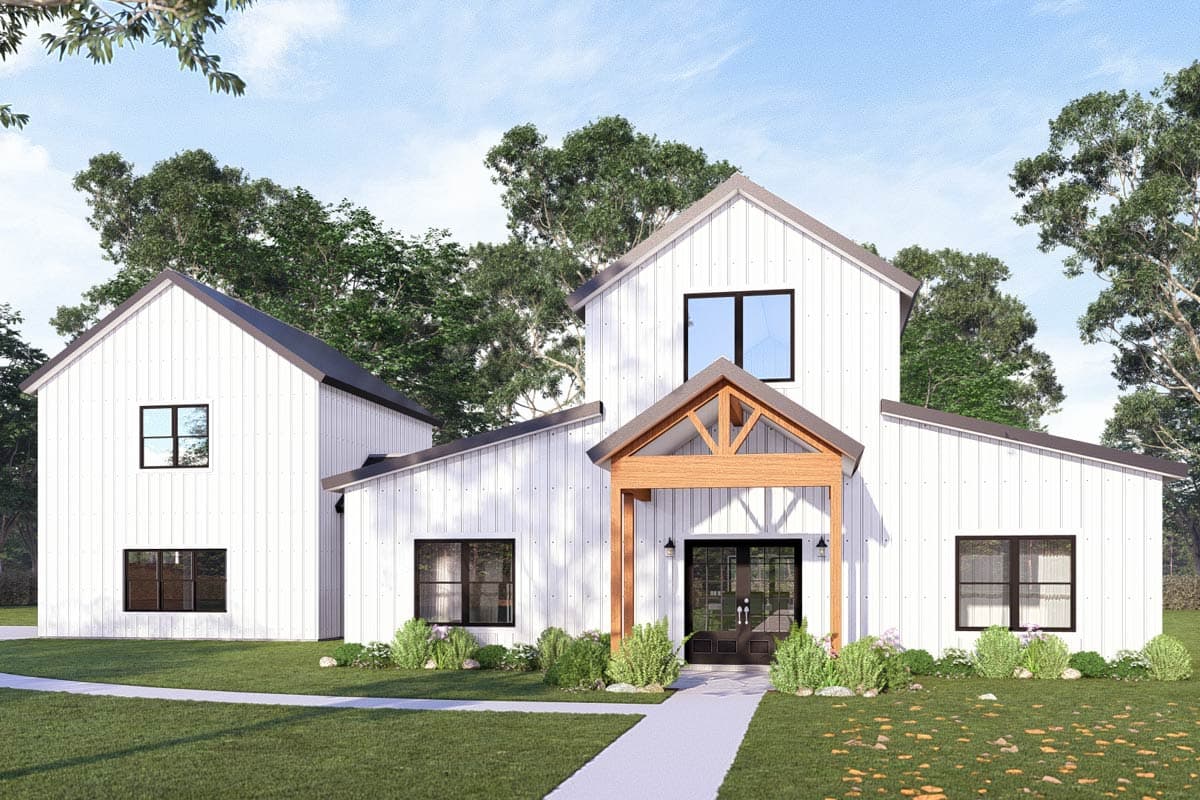 House plan exterior featuring a two-story Modern Farmhouse design. Includes board and batten siding, gable rooflines, and a covered front entry porch.