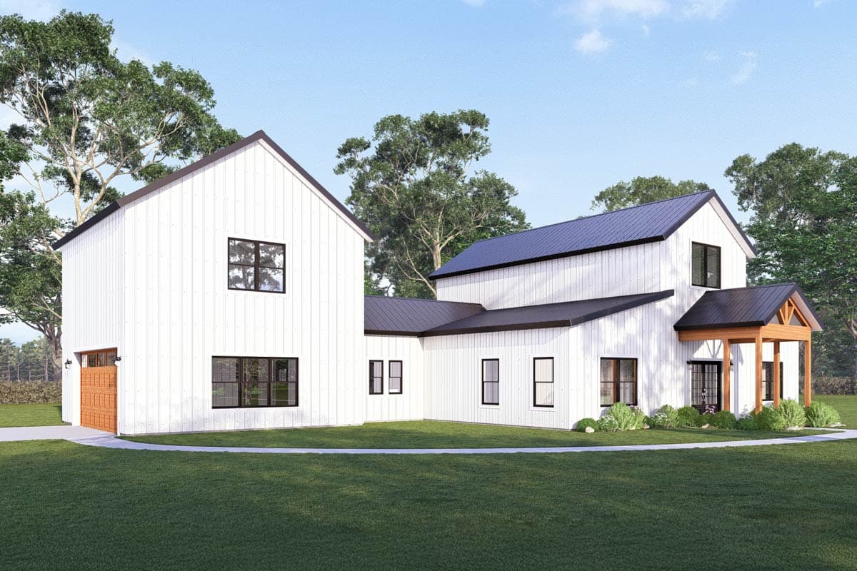 Modern Farmhouse house plan exterior with white vertical siding, dark metal roof, gabled dormers, and wooden garage door.