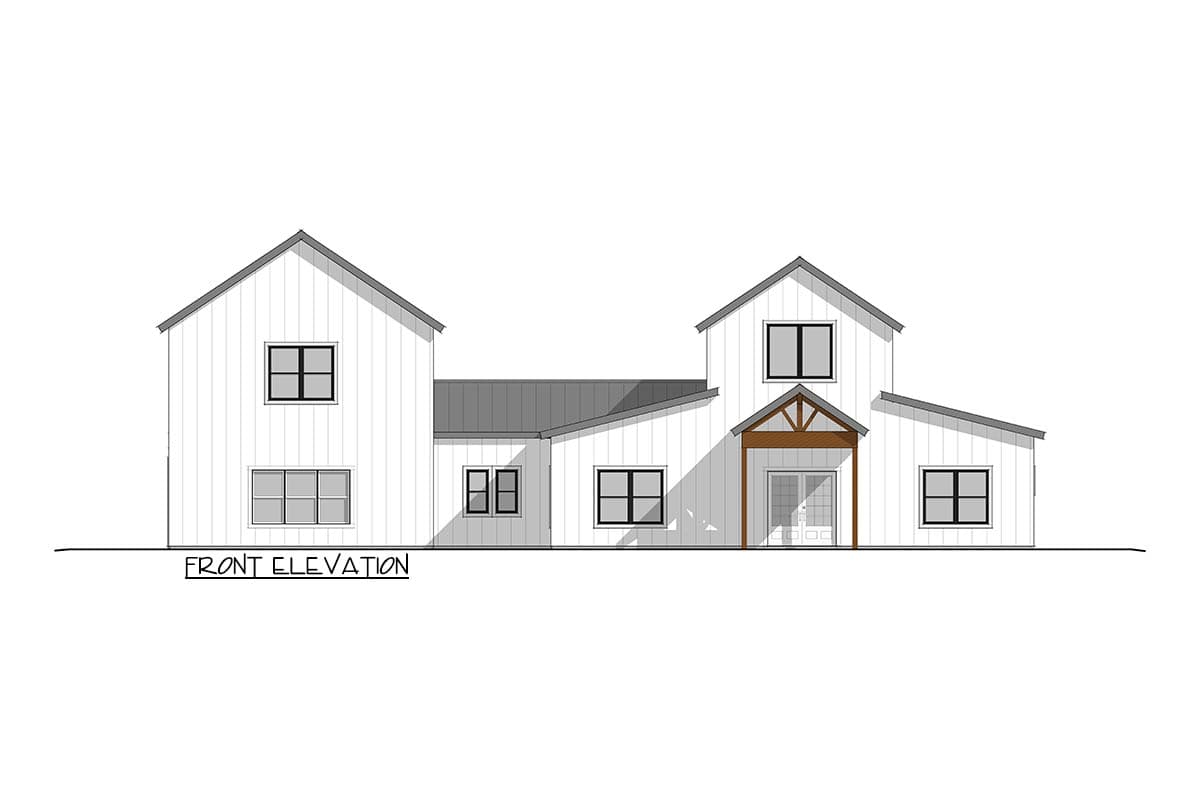 Front elevation drawing of a modern farmhouse house plan with board and batten siding, gables, and a covered entry.