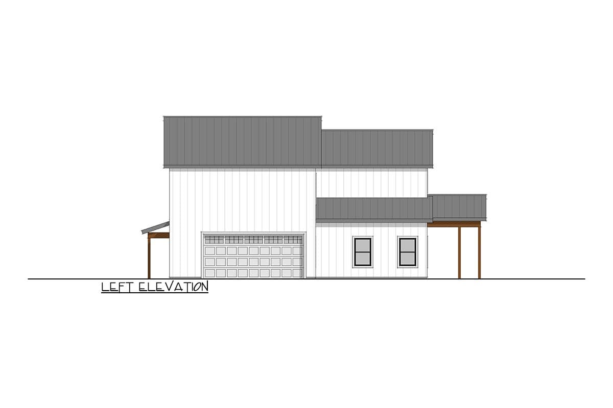 Left elevation drawing of a house plan featuring a two-car garage, board and batten siding, and a hip roof.