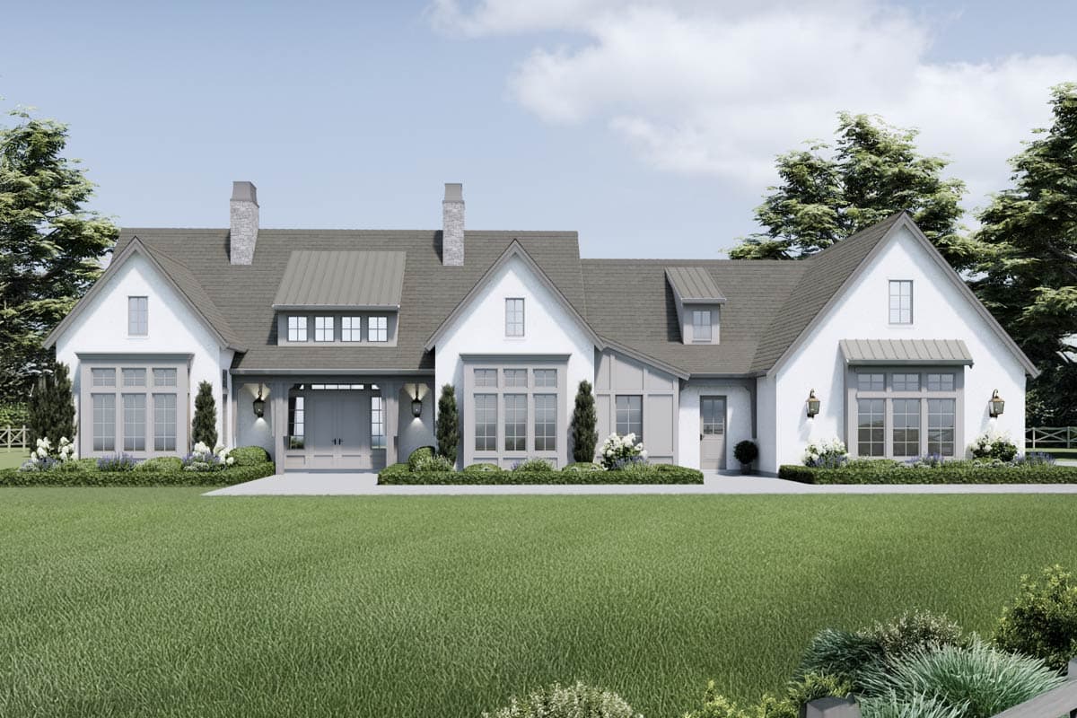 House plan exterior. Two-story Modern Farmhouse with gabled roof, dormers, and a covered front porch with double doors.