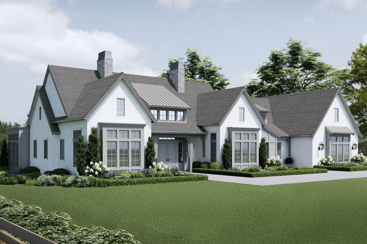 House plan exterior. Modern Farmhouse style, one-and-a-half stories, prominent gables, stone chimney, and large bay windows.