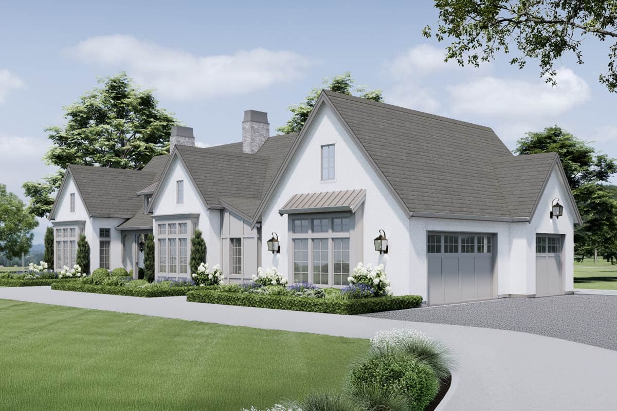 House plan exterior: Modern Farmhouse style, one story, with gables, covered porch, and large windows.