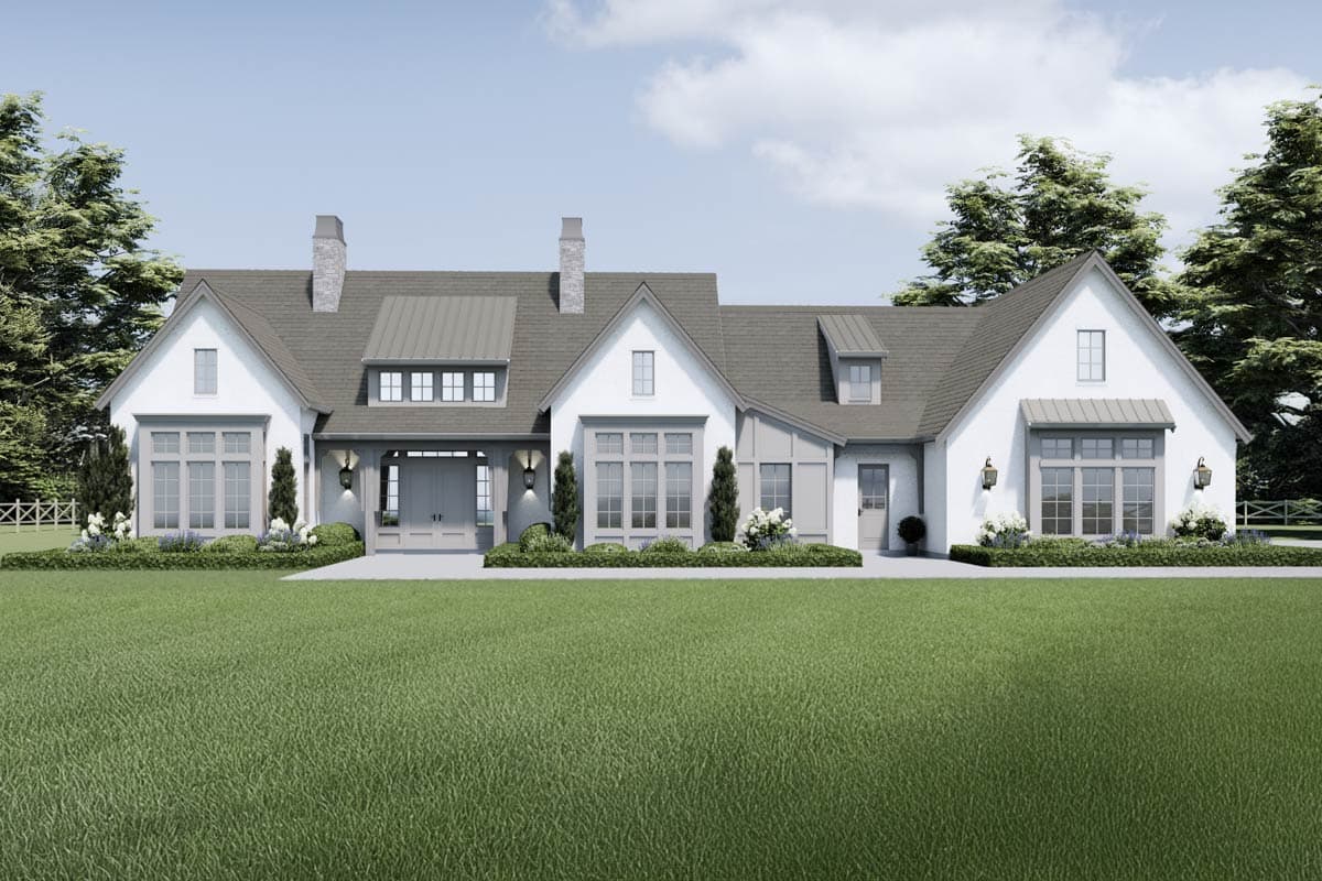 House plan exterior. Two-story Modern Farmhouse with gabled roof, dormers, and a covered front porch with double doors.