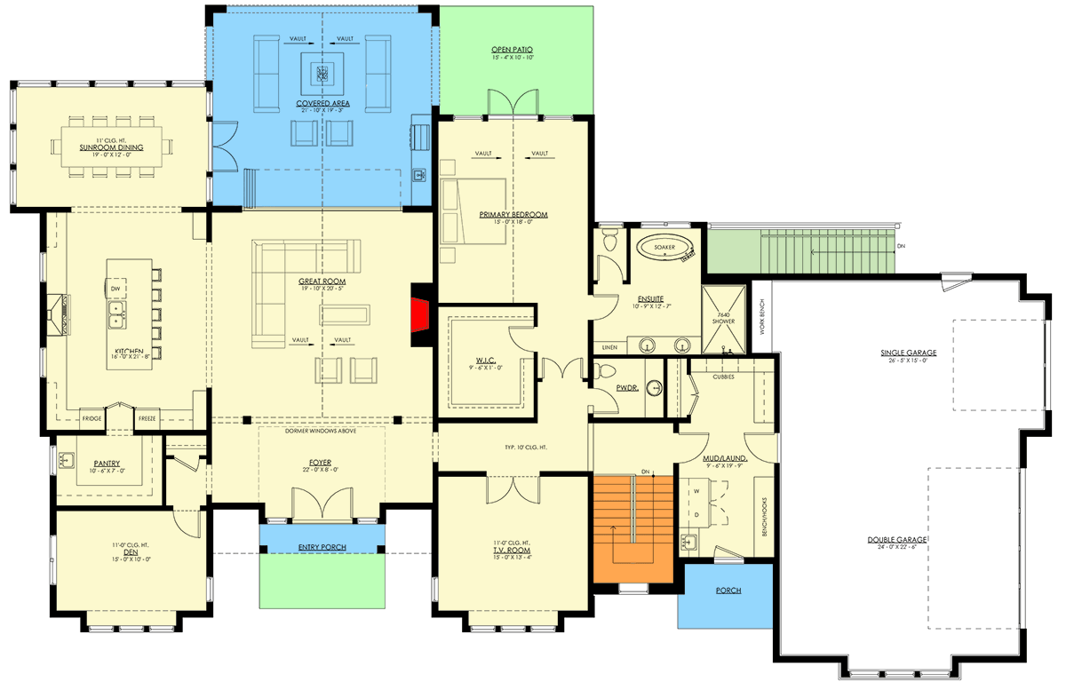 Plan 270121AF: Spacious Transitional Ranch House Plan with Vaulted Ceilings and 3-Car Garage - Floor Plan - Main Level - Ranch, Transitional