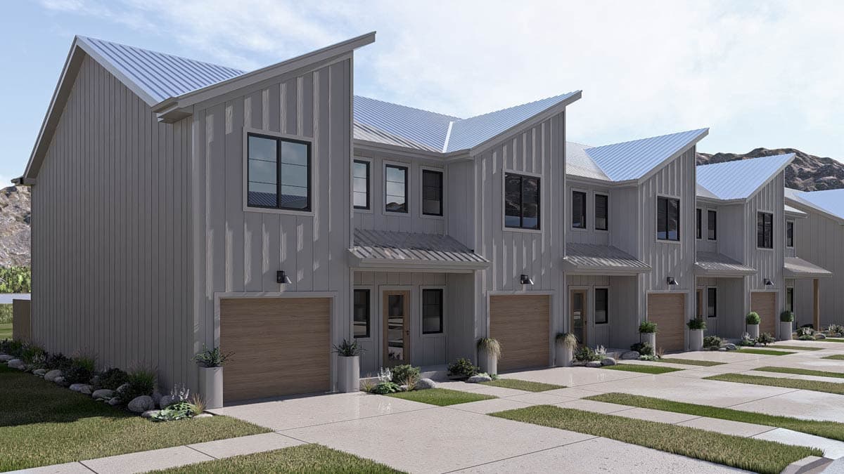House plan exterior view: Modern duplex townhomes with asymmetrical gable roofs, vertical siding, attached garages, and covered entryways.