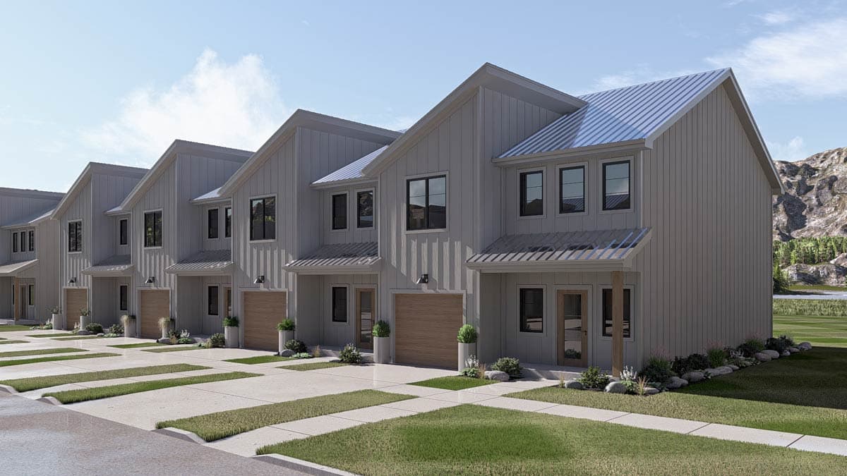 House plan exterior with modern farmhouse style, two stories, gabled rooflines, metal roofs, and attached garages.