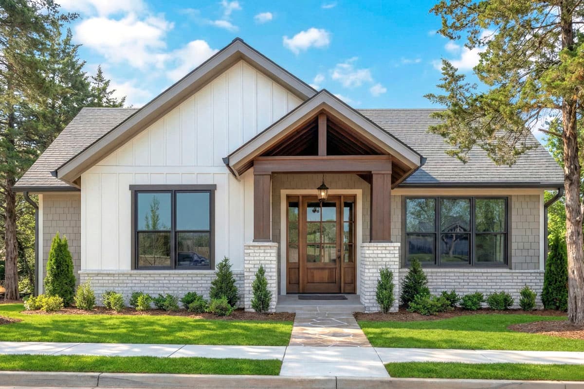 A modern, white and gray house with a wooden front porch and a stone pathway leading to the front door, set against a blue sky.