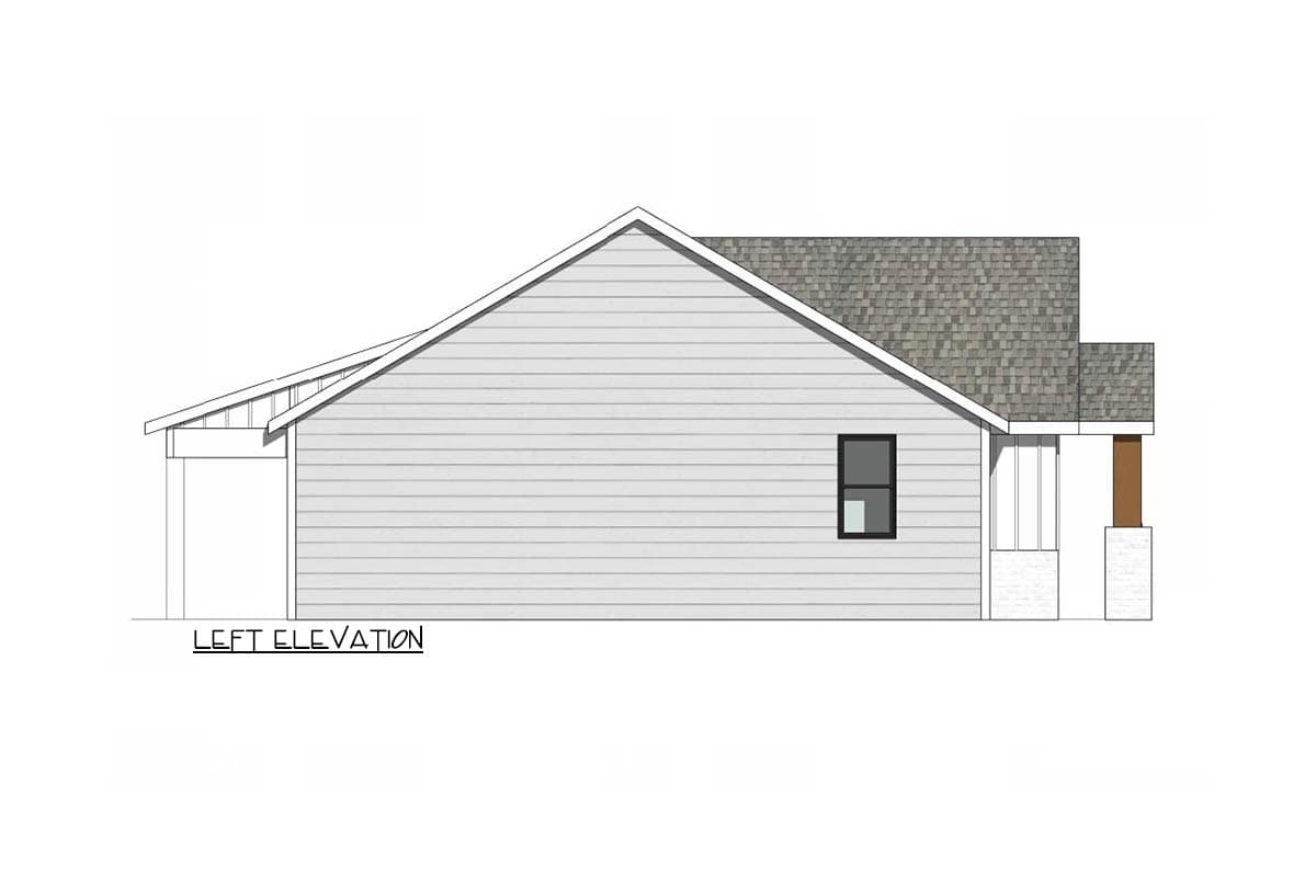 Architectural rendering of a house's left elevation. The design showcases a gable roof, a single window, and a porch area supported by pillars.