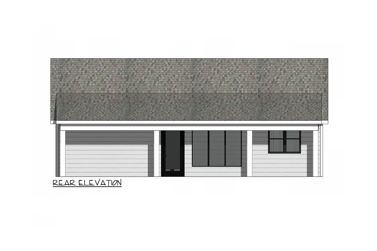 A rear elevation architectural drawing of a house, featuring a gray shingled roof, windows, a door, and clapboard siding, with the words 'REAR ELEVATION' below.