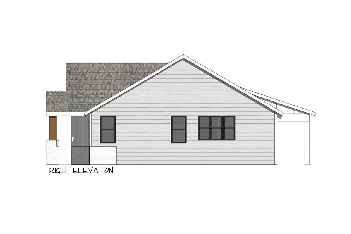 Architectural rendering of a house's right elevation. The house has gray siding, dark windows, a gabled roof with gray shingles, and a small porch.