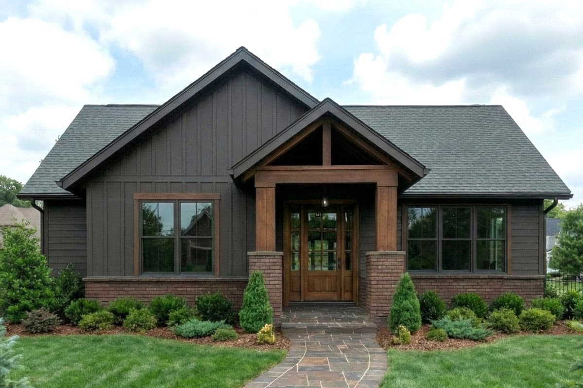 A modern, dark-gray house with a wooden front porch and a stone pathway leading to the front door, under a blue sky.