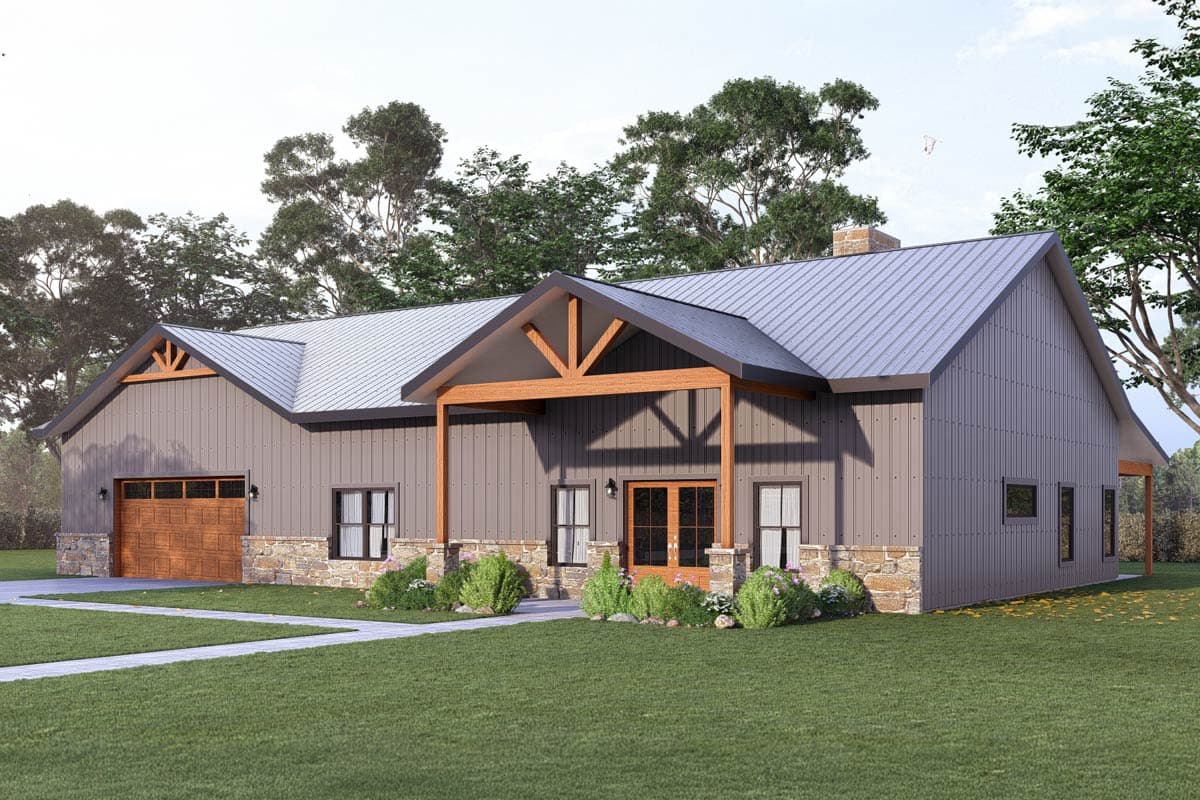 House plan exterior. Modern farmhouse style with a single story, metal roof, timber-framed porch, and stone accents at the garage and entry.